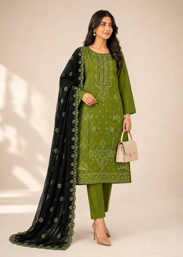 Olive Green Embroidered Linen Kurta Set with Black Chiffon Dupatta