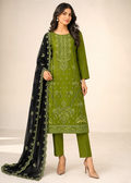 Olive Green Embroidered Linen Kurta Set with Black Chiffon Dupatta