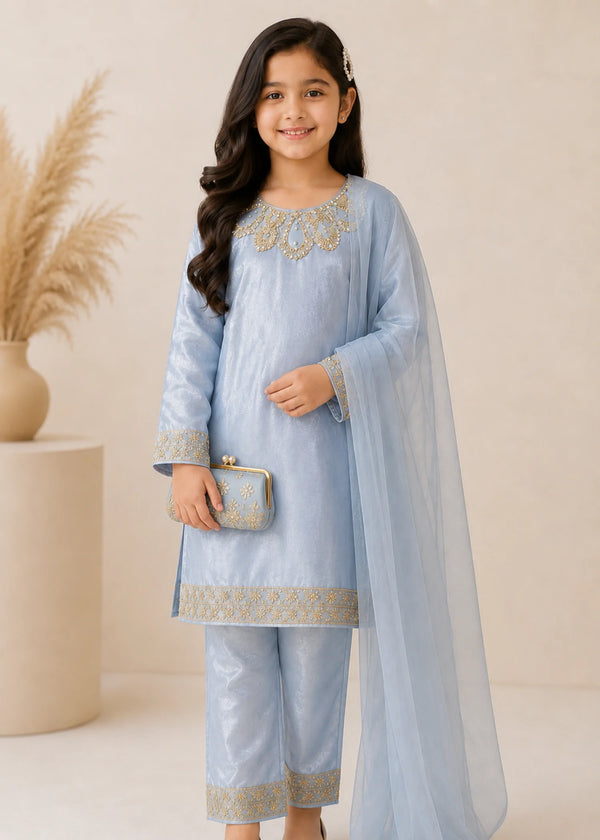 Little Sapphire – Powder Blue Premium Silk Kids 3PC Dress