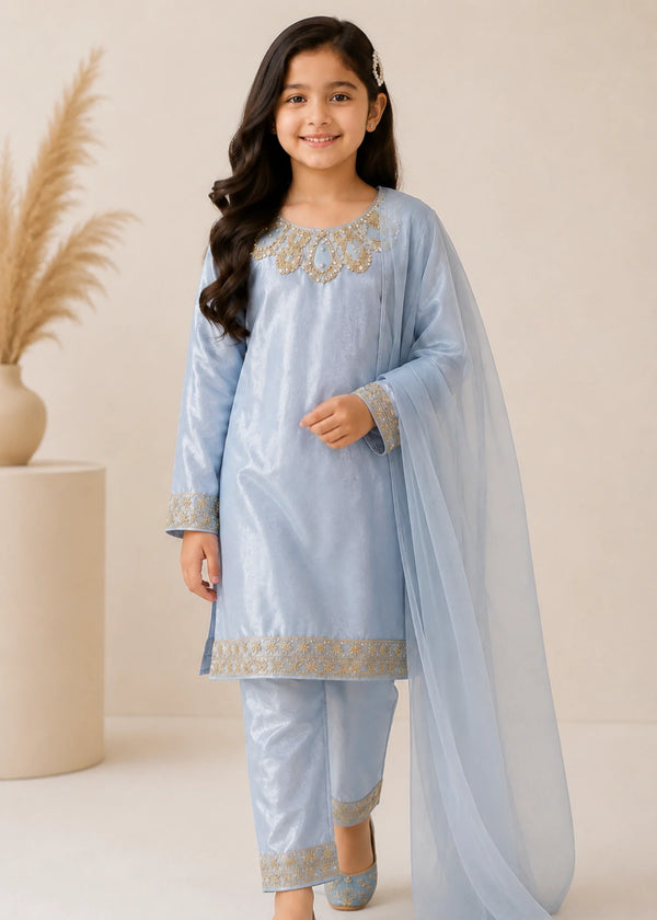Little Sapphire – Powder Blue Premium Silk Kids 3PC Dress