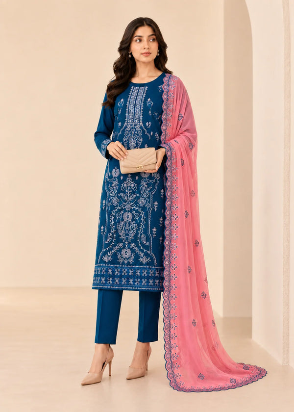 Embroidered Blue Kurta Set with Pink Dupatta