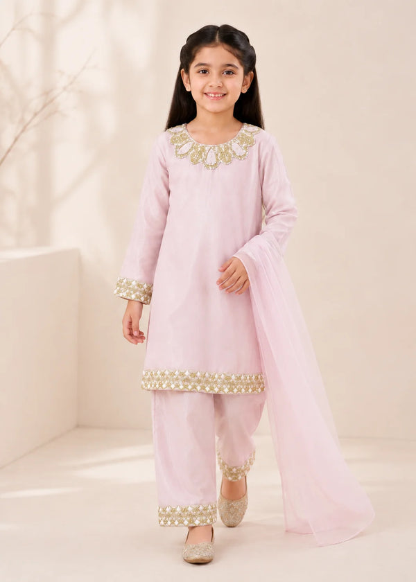 Rosé Belle – Pastel Pink Premium Silk Kids 3PC Dress