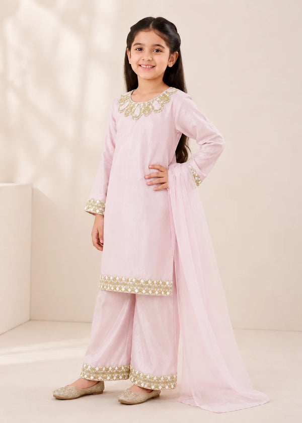 Rosé Belle – Pastel Pink Premium Silk Kids 3PC Dress