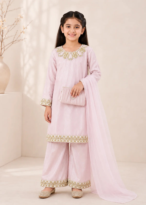 Rosé Belle – Pastel Pink Premium Silk Kids 3PC Dress