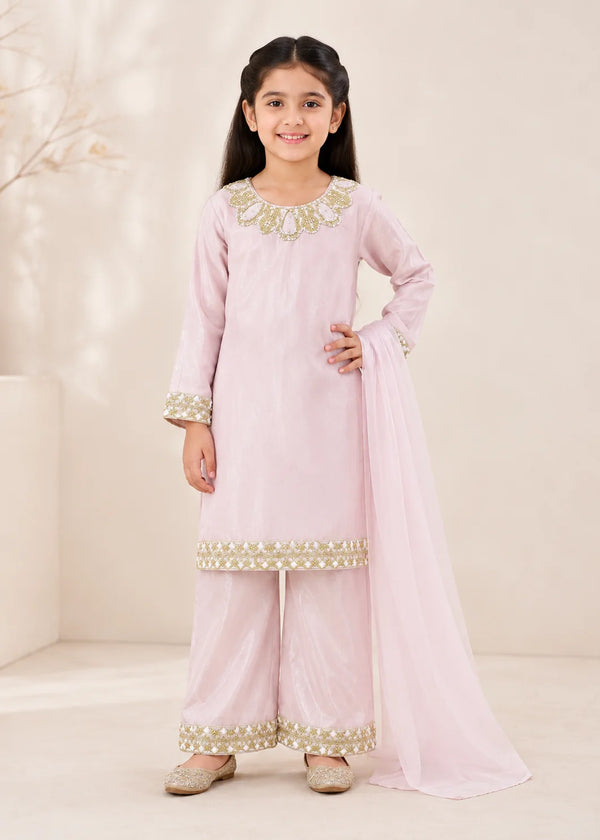 Rosé Belle – Pastel Pink Premium Silk Kids 3PC Dress