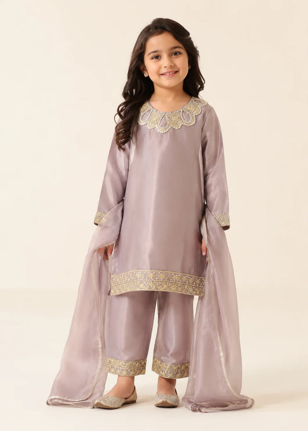 Pinkish Mauve Belle – Premium Silk Kids 3PC Dress