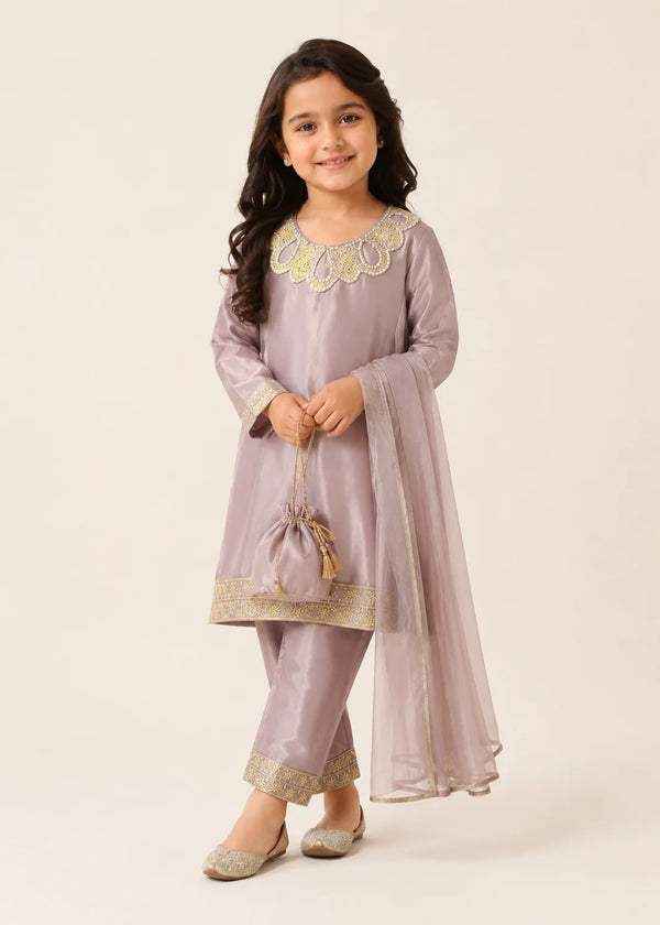 Pinkish Mauve Belle – Premium Silk Kids 3PC Dress