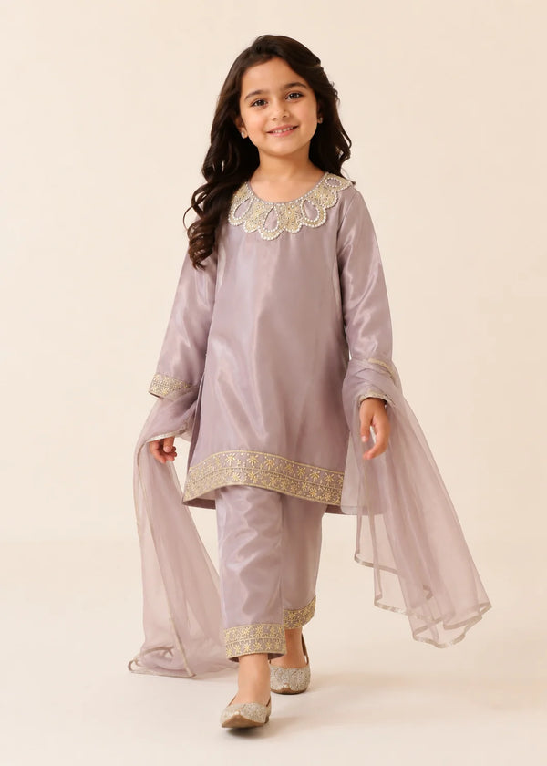 Pinkish Mauve Belle – Premium Silk Kids 3PC Dress