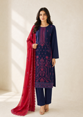 Navy Blue Embroidered Kurta Set with Red Chiffon Dupatta