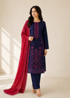 Navy Blue Embroidered Kurta Set with Red Chiffon Dupatta