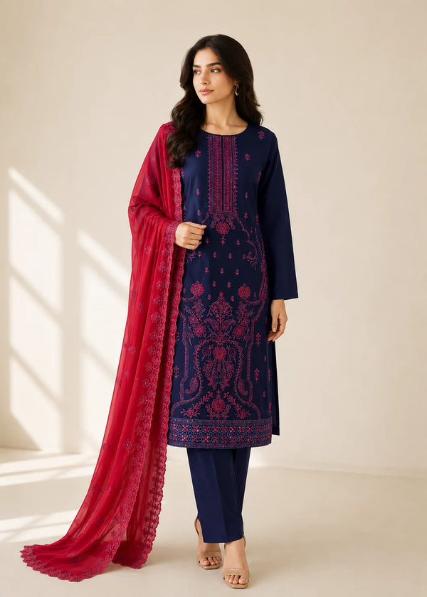 Navy Blue Embroidered Kurta Set with Red Chiffon Dupatta