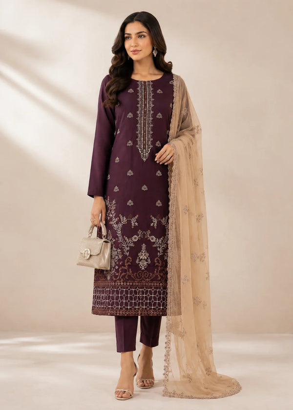 BrownEmbroidered Kurta Set with Beige Chiffon Dupatta