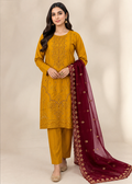 Embroidered Mustard Kurta Set with Maroon Chiffon Dupatta