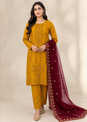 Embroidered Mustard Kurta Set with Maroon Chiffon Dupatta