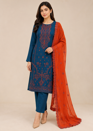 Teal Embroidered Linen Kurta Set with Rust Orange Dupatta