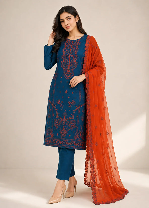 Teal Embroidered Linen Kurta Set with Rust Orange Dupatta