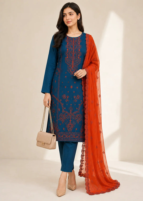 Teal Embroidered Linen Kurta Set with Rust Orange Dupatta