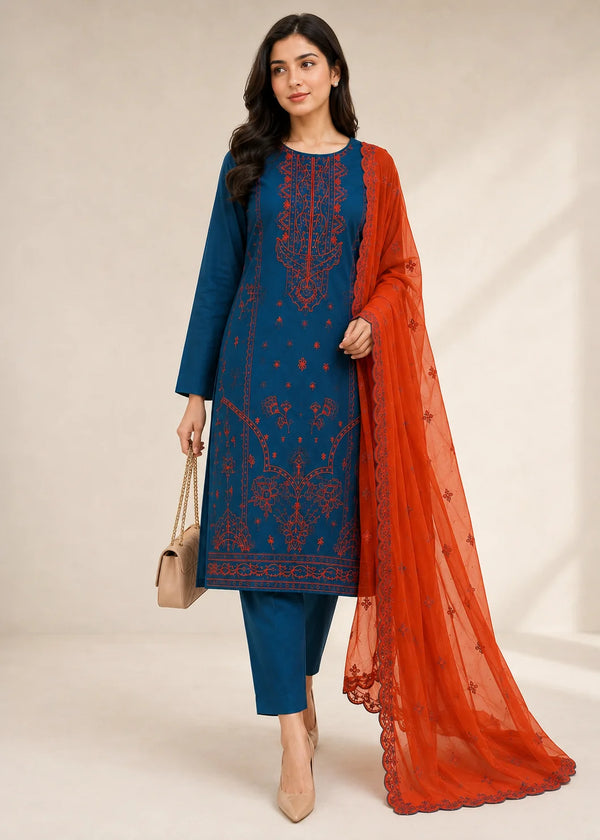 Teal Embroidered Linen Kurta Set with Rust Orange Dupatta