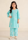 Kids Aquamarine Embroidered Cotton Kurta Set