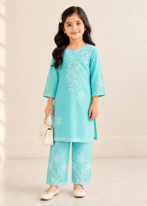 Kids Aquamarine Embroidered Cotton Kurta Set