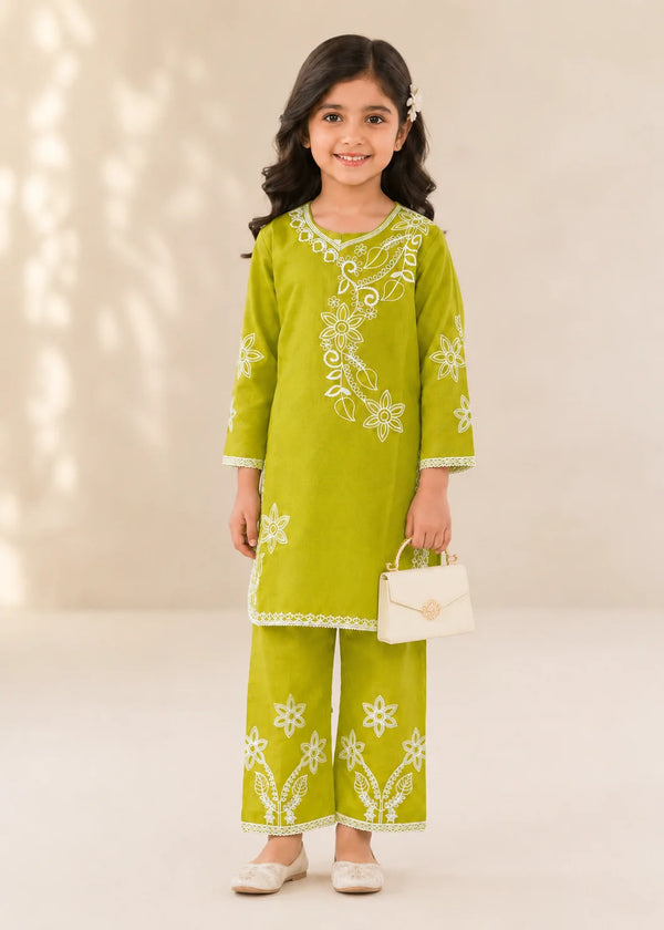 Kids Embroidered Lime Green Cotton Kurta Set