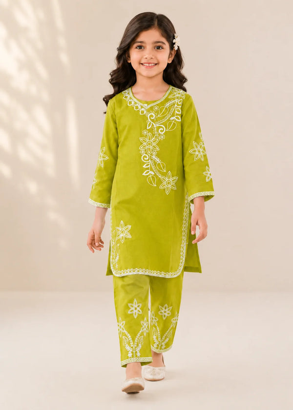 Kids Embroidered Lime Green Cotton Kurta Set