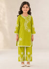 Kids Embroidered Lime Green Cotton Kurta Set