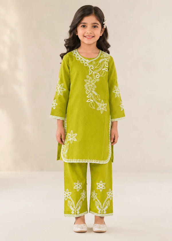 Kids Embroidered Lime Green Cotton Kurta Set