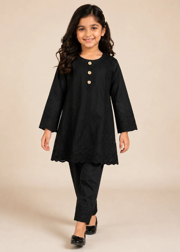 Kids Black Embroidered Cotton Kurta Set