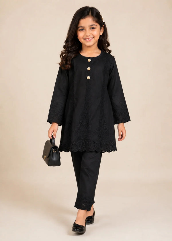 Kids Black Embroidered Cotton Kurta Set
