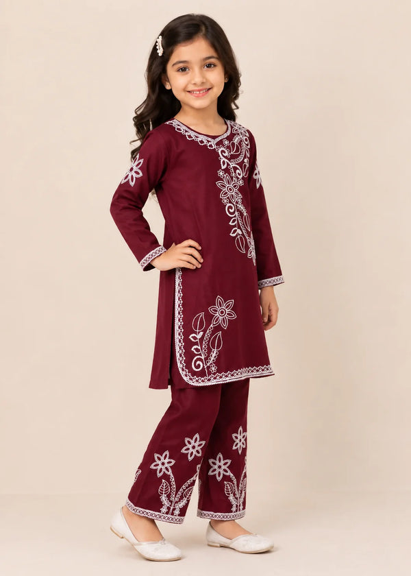 Kids Maroon Embroidered Cotton Kurta Set