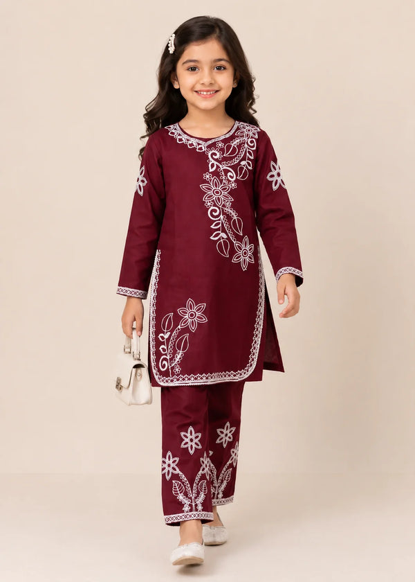 Kids Maroon Embroidered Cotton Kurta Set