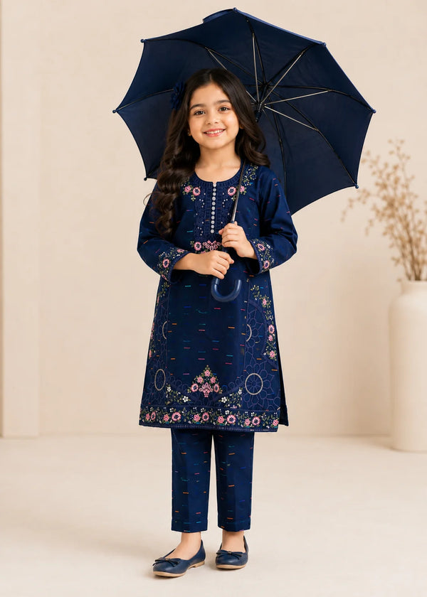 Girls Embroidered Royal Blue Cotton Kurta Set with Trousers
