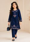 Girls Embroidered Royal Blue Cotton Kurta Set with Trousers