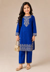 Embroidered Royal Blue Cotton Kurta Set for Girls
