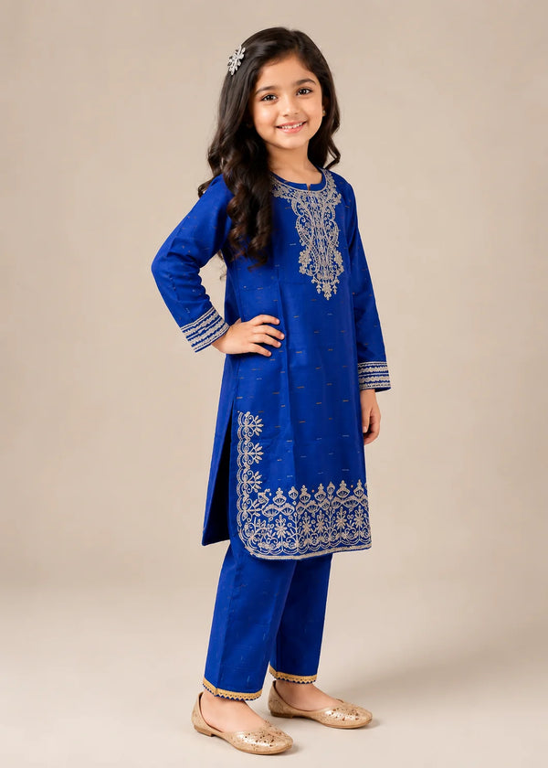 Embroidered Royal Blue Cotton Kurta Set for Girls