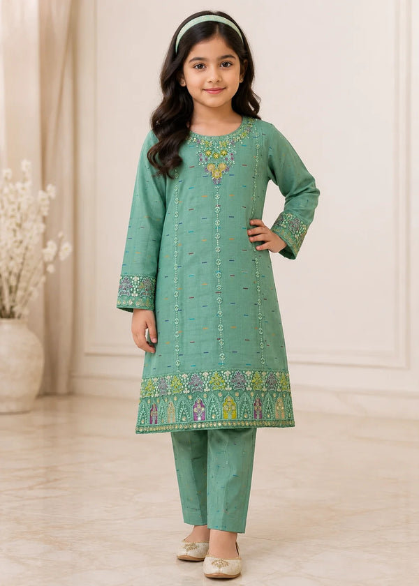 Embroidered Sea Green Lawn Kurta Set for Girls