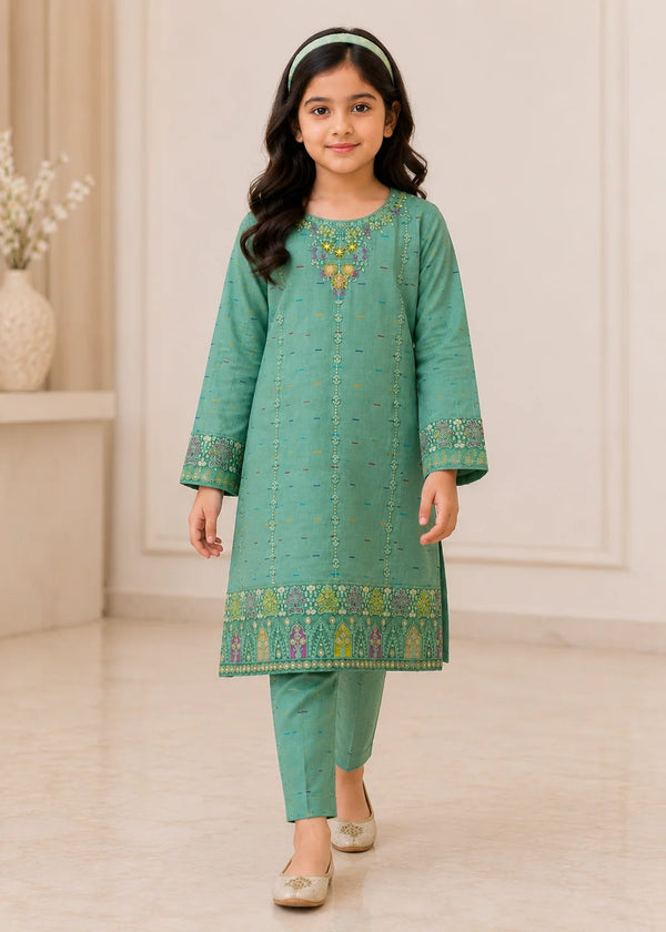 Embroidered Sea Green Lawn Kurta Set for Girls
