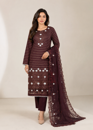 Mocha Muse – Brown Premium Embroidered Linen 3PC Suit with Chiffon Dupatta
