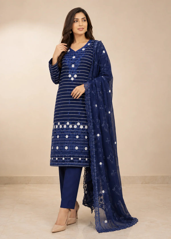Blue Royale– Navy Blue Premium Embroidered Linen 3PC Dress with Chiffon Dupatta