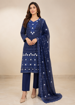 Blue Royale– Navy Blue Premium Embroidered Linen 3PC Dress with Chiffon Dupatta