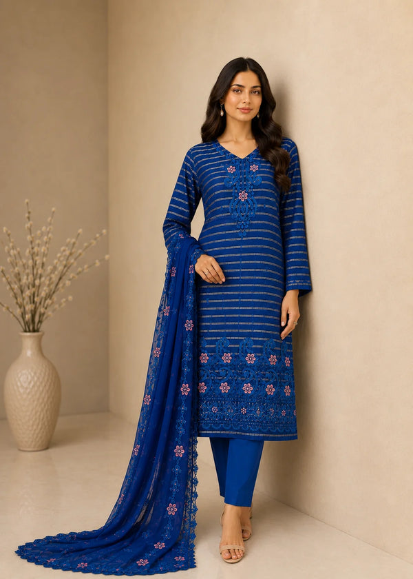 Turquoise Glow – Teal Premium Embroidered Linen 3PC Dress with Chiffon Dupatta