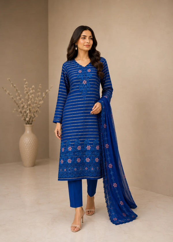 Turquoise Glow – Teal Premium Embroidered Linen 3PC Dress with Chiffon Dupatta