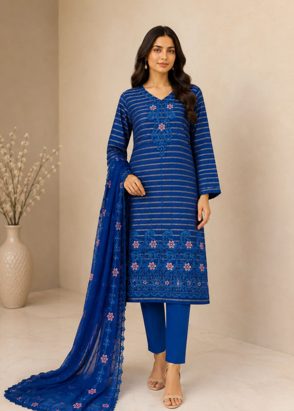 Turquoise Glow – Teal Premium Embroidered Linen 3PC Dress with Chiffon Dupatta