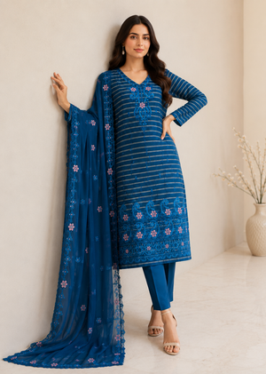 Turquoise Glow – Teal Premium Embroidered Linen 3PC Dress with Chiffon Dupatta