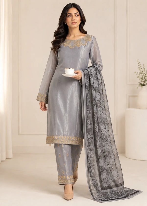 Smoky Grace – Grey Designer Silk 3PC Dress