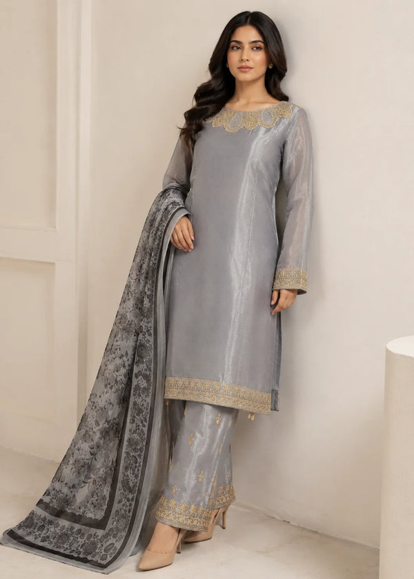 Smoky Grace – Grey Designer Silk 3PC Dress