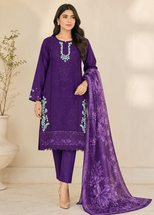 Elegant Purple Embroidered Cambric Kurta Set with Printed Net Dupatta