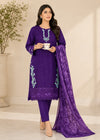 Elegant Purple Embroidered Cambric Kurta Set with Printed Net Dupatta