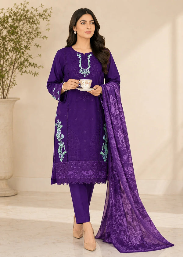 Elegant Purple Embroidered Cambric Kurta Set with Printed Net Dupatta